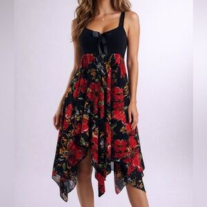 Women’s Black & Red Floral Asymmetrical Dress, Polyester.